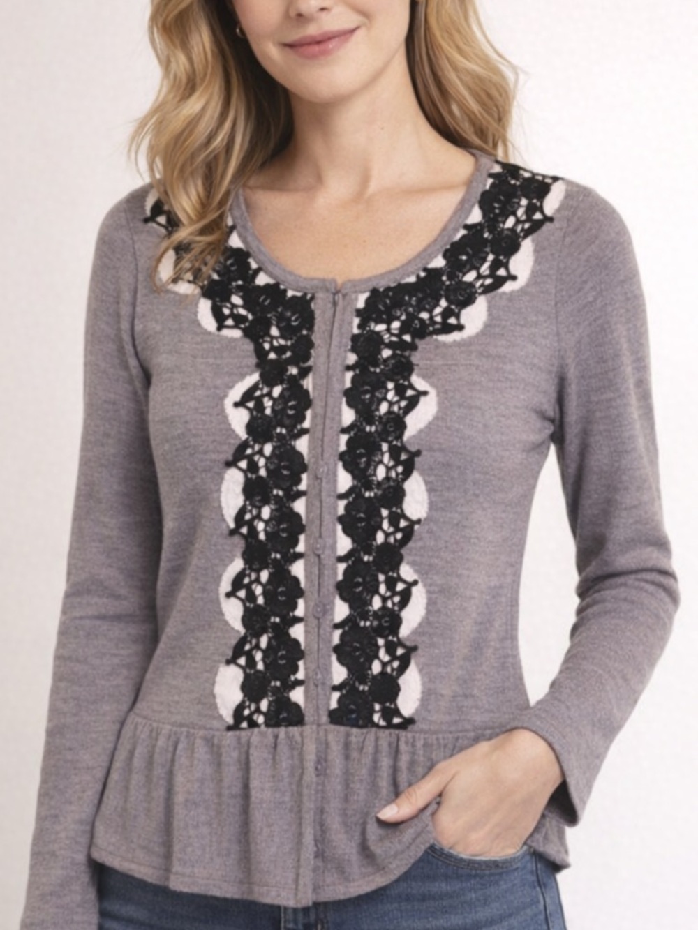 NY Collection Lace and Beaded Peplum Sweater Grey Size Medium